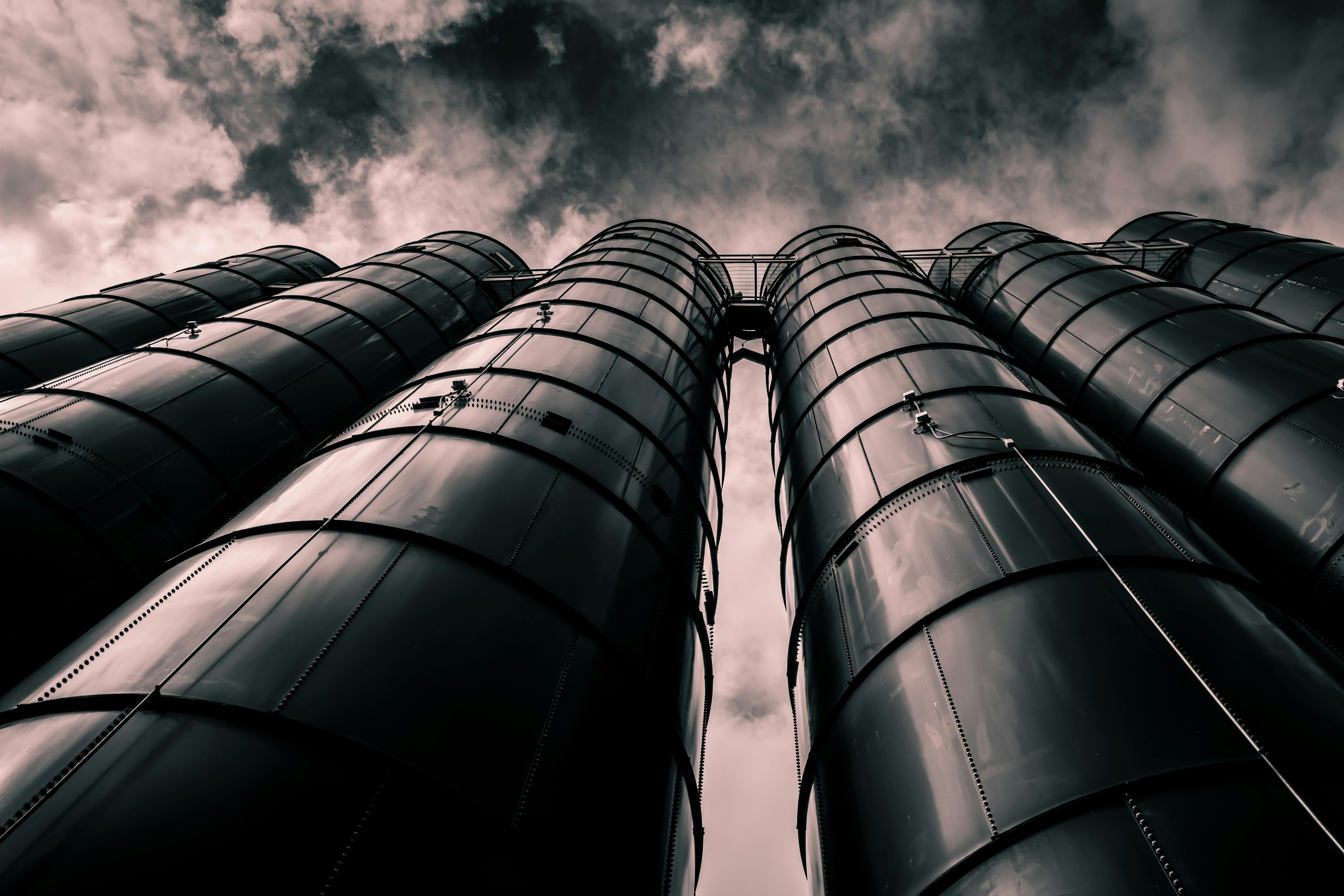 A bleak view looking up at smokestacks